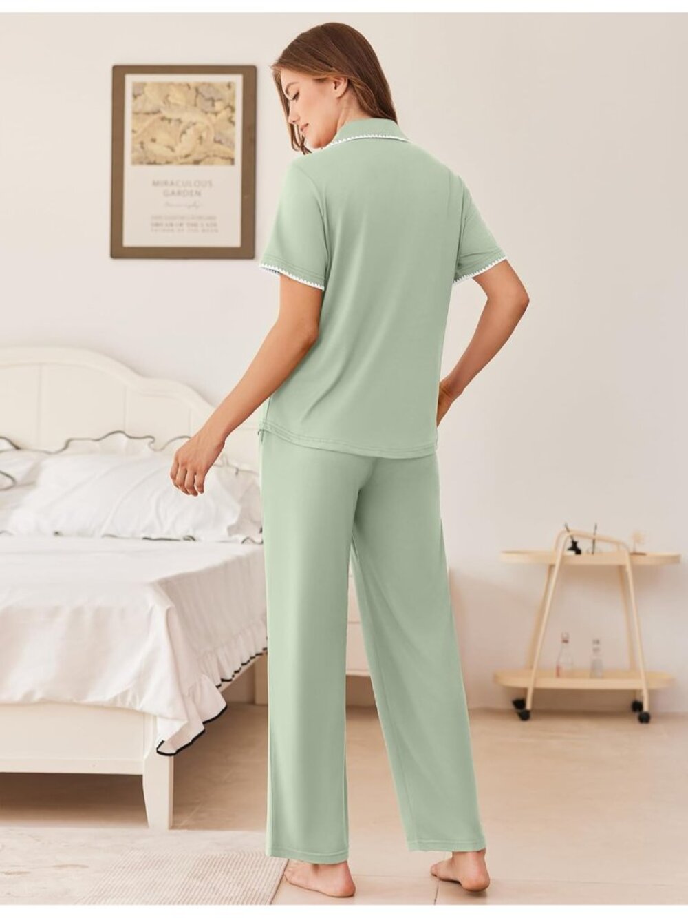 Women's Light Green Button Down Short Sleeve Shirt Loungewear Pajamas Set - Picture 4 of 5